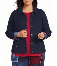 Allison Daley Plus Size True Navy Bandana Long Sleeve Button Front Soft Jacket