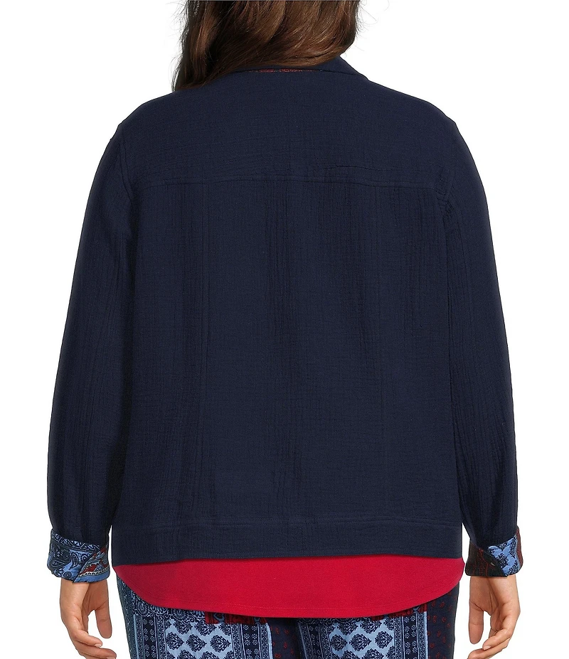 Allison Daley Plus Size True Navy Bandana Long Sleeve Button Front Soft Jacket