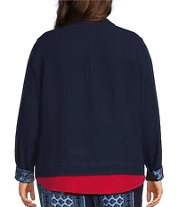 Allison Daley Plus Size True Navy Bandana Long Sleeve Button Front Soft Jacket