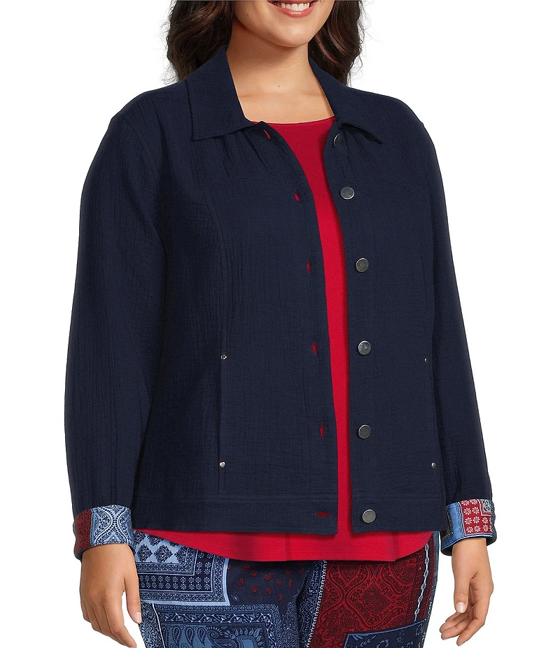 Allison Daley Plus Size True Navy Bandana Long Sleeve Button Front Soft Jacket