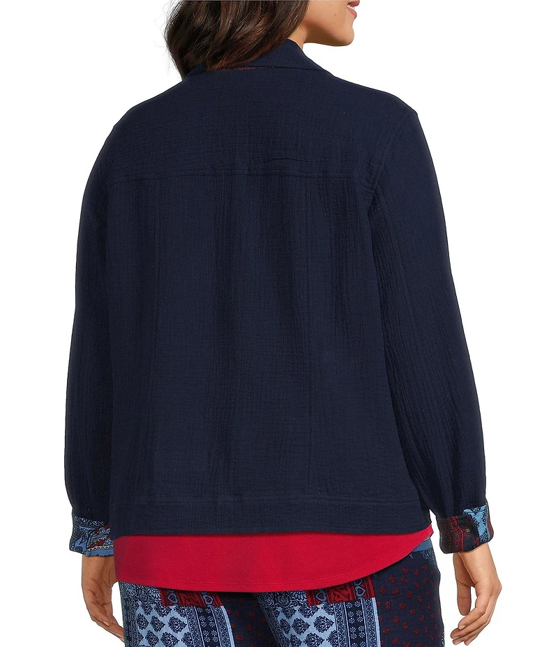 Allison Daley Plus Size True Navy Bandana Long Sleeve Button Front Soft Jacket