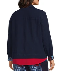 Allison Daley Plus Size True Navy Bandana Long Sleeve Button Front Soft Jacket