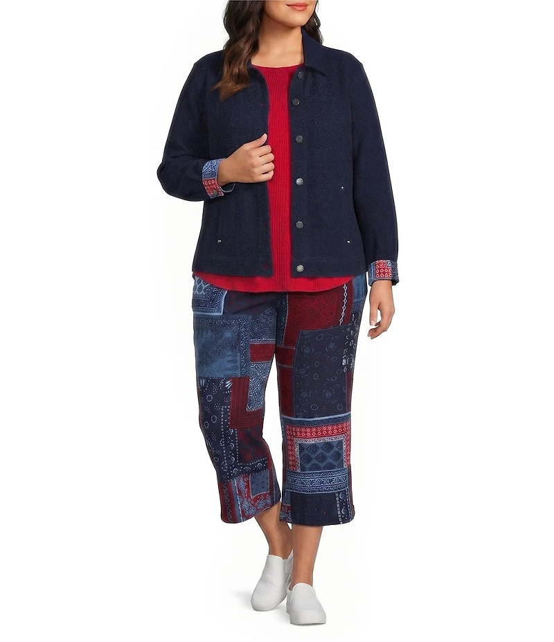 Allison Daley Plus Size True Navy Bandana Long Sleeve Button Front Soft Jacket