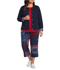 Allison Daley Plus Size True Navy Bandana Long Sleeve Button Front Soft Jacket