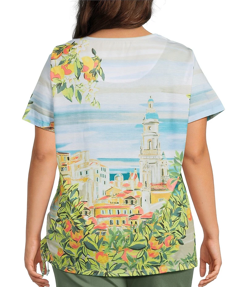 Allison Daley Plus Size Tuscan Village Print Short Sleeve Side Ruched Knit Top