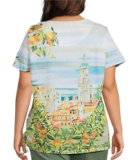 Allison Daley Plus Size Tuscan Village Print Short Sleeve Side Ruched Knit Top