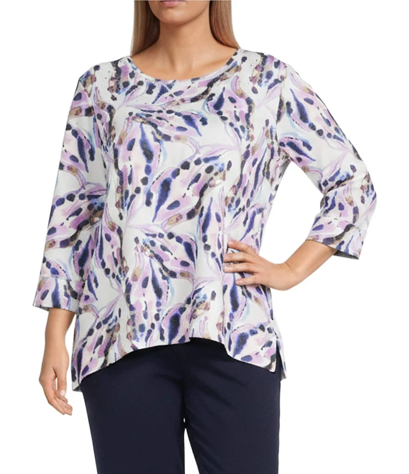 Allison Daley Plus Size Violet Multi Floral Spots Print 3/4 Sleeve Crew Neck Scuba Knit Embellished Top