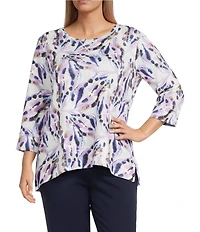Allison Daley Plus Size Violet Multi Floral Spots Print 3/4 Sleeve Crew Neck Scuba Knit Embellished Top