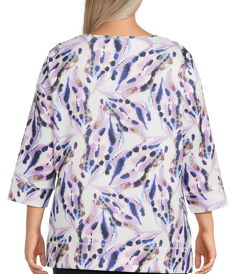 Allison Daley Plus Size Violet Multi Floral Spots Print 3/4 Sleeve Crew Neck Scuba Knit Embellished Top