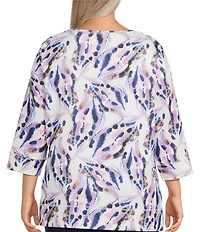 Allison Daley Plus Size Violet Multi Floral Spots Print 3/4 Sleeve Crew Neck Scuba Knit Embellished Top