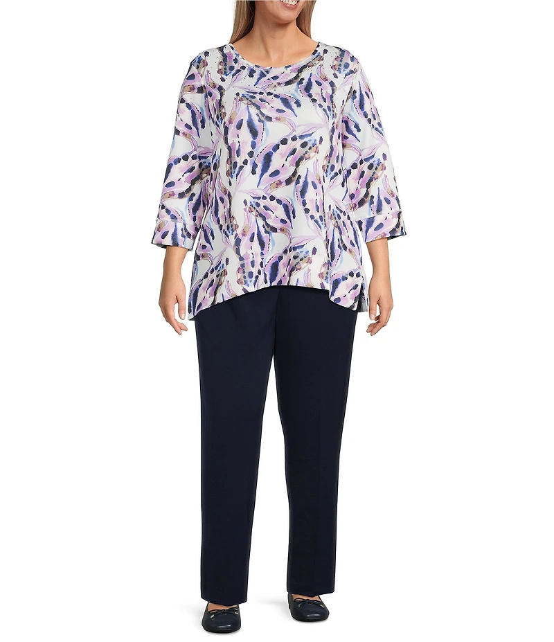 Allison Daley Plus Size Violet Multi Floral Spots Print 3/4 Sleeve Crew Neck Scuba Knit Embellished Top