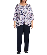 Allison Daley Plus Size Violet Multi Floral Spots Print 3/4 Sleeve Crew Neck Scuba Knit Embellished Top