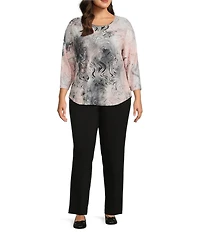 Allison Daley Plus Size Wavy Jod Tie-Dye 3/4 Sleeve Crew Neck Knit Top