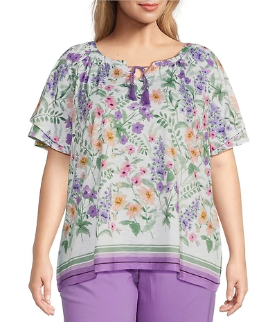 Allison Daley Plus Size Wildflower Border Print Flutter Sleeve Tassel Tie Neck Knit Top