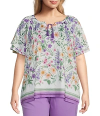 Allison Daley Plus Size Wildflower Border Print Flutter Sleeve Tassel Tie Neck Knit Top