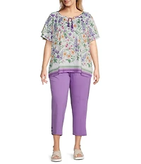 Allison Daley Plus Size Wildflower Border Print Flutter Sleeve Tassel Tie Neck Knit Top