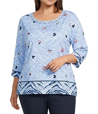 Allison Daley Plus Size Zebra Hearts Print Embellished 3/4 Sleeve Crew Neck Knit Top