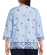 Allison Daley Plus Size Zebra Hearts Print Embellished 3/4 Sleeve Crew Neck Knit Top