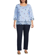 Allison Daley Plus Size Zebra Hearts Print Embellished 3/4 Sleeve Crew Neck Knit Top