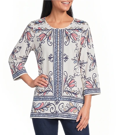 Allison Daley Plus Sze Multi Floral Muse Print 3/4 Bell Sleeve Crew Neck Top