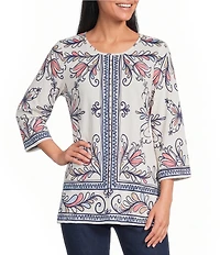 Allison Daley Plus Sze Multi Floral Muse Print 3/4 Bell Sleeve Crew Neck Top