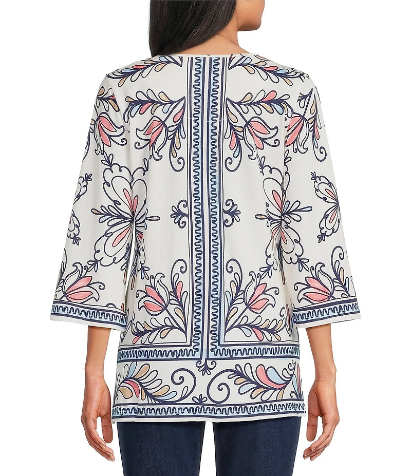 Allison Daley Plus Sze Multi Floral Muse Print 3/4 Bell Sleeve Crew Neck Top