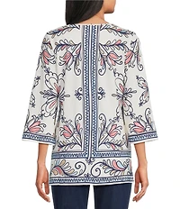 Allison Daley Plus Sze Multi Floral Muse Print 3/4 Bell Sleeve Crew Neck Top