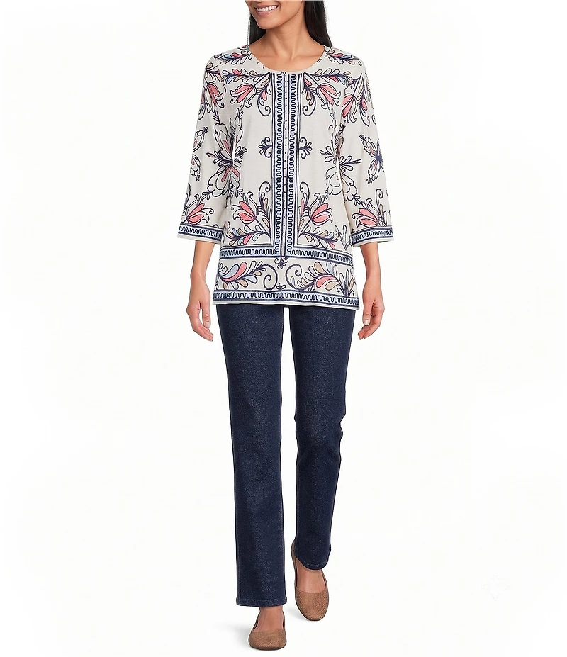 Allison Daley Plus Sze Multi Floral Muse Print 3/4 Bell Sleeve Crew Neck Top