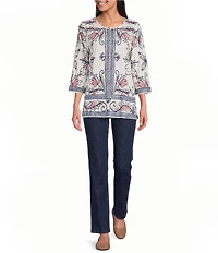 Allison Daley Plus Sze Multi Floral Muse Print 3/4 Bell Sleeve Crew Neck Top