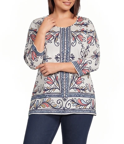 Allison Daley Plus Sze Multi Floral Muse Print 3/4 Bell Sleeve Crew Neck Top