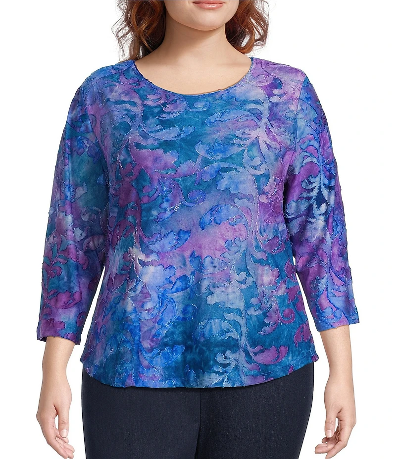 Allison Daley Plus Tie-Dye Jacquard 3/4 Sleeve Crew Neck Knit Top