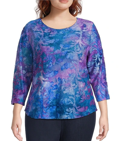 Allison Daley Plus Tie-Dye Jacquard 3/4 Sleeve Crew Neck Knit Top