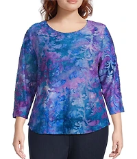 Allison Daley Plus Tie-Dye Jacquard 3/4 Sleeve Crew Neck Knit Top