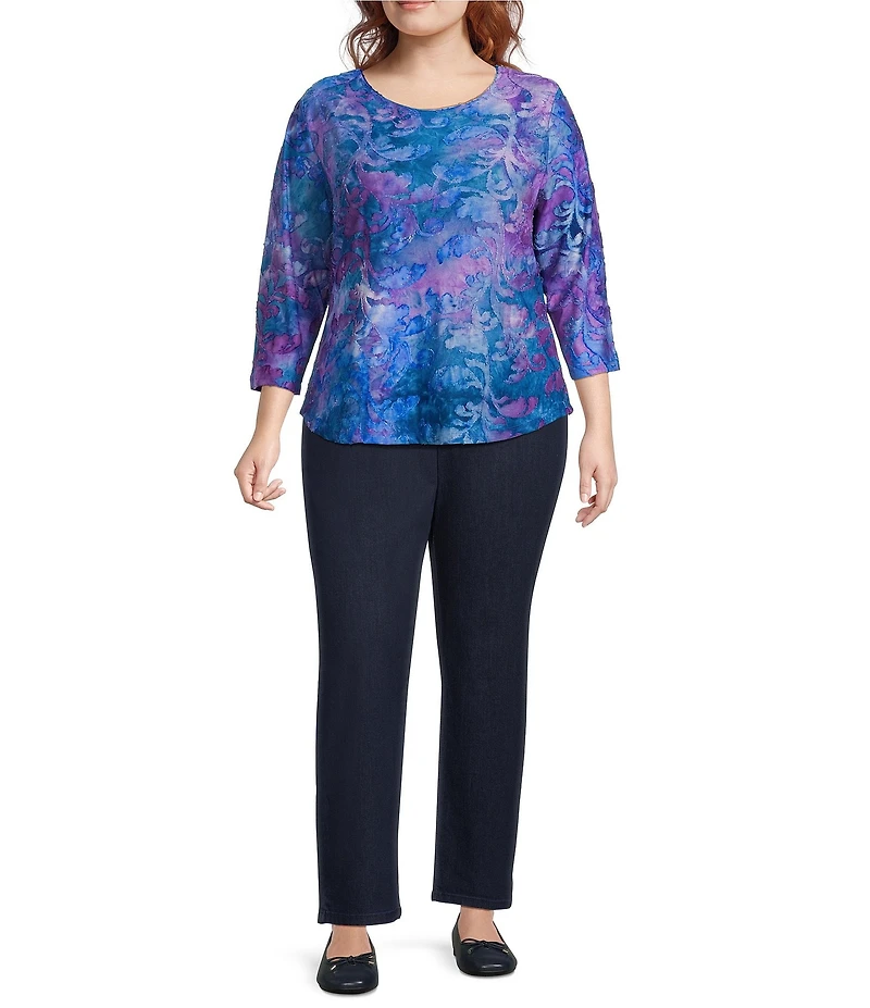 Allison Daley Plus Tie-Dye Jacquard 3/4 Sleeve Crew Neck Knit Top