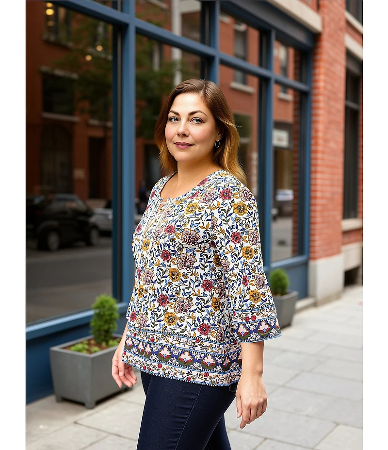 Allison Daley Plus Vintage Bloom Border Print 3/4 Ruched Sleeve Tie Neck Knit Top