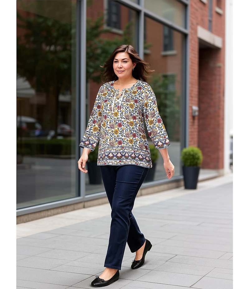 Allison Daley Plus Vintage Bloom Border Print 3/4 Ruched Sleeve Tie Neck Knit Top