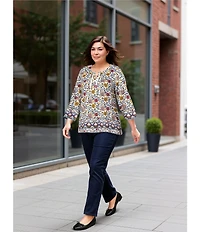 Allison Daley Plus Vintage Bloom Border Print 3/4 Ruched Sleeve Tie Neck Knit Top
