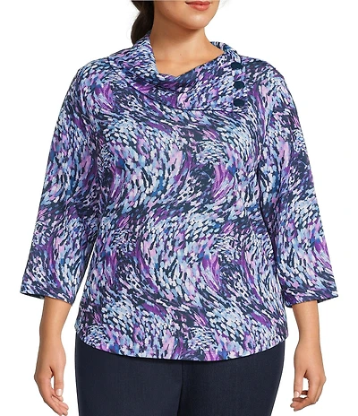 Allison Daley Plus Wavy Rain 3/4 Sleeve Cowl Neck Sweater
