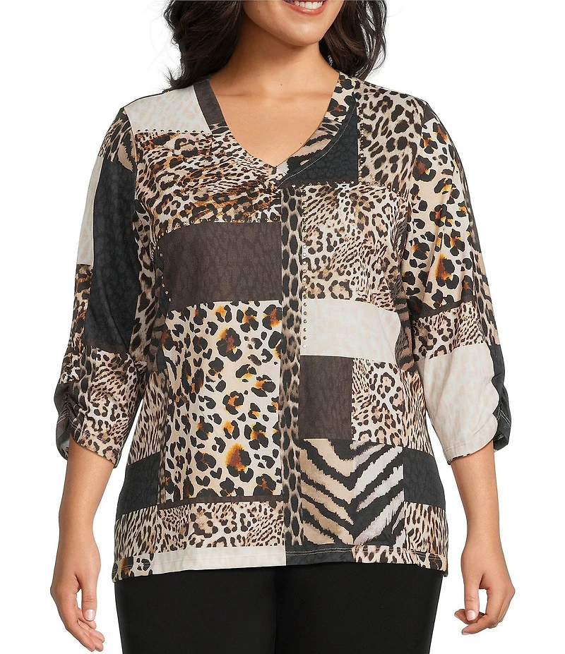 Allison Daley Plus Wildlife Patchwork Print 3/4 Sleeve V-Neck Knit Top