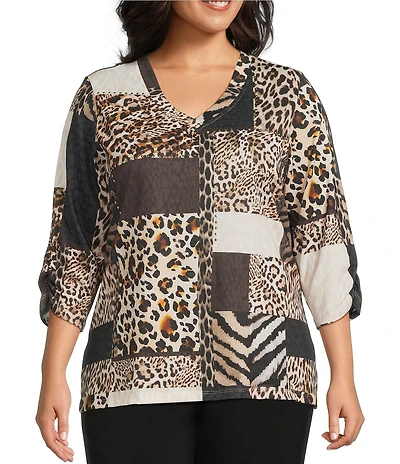Allison Daley Plus Wildlife Patchwork Print 3/4 Sleeve V-Neck Knit Top