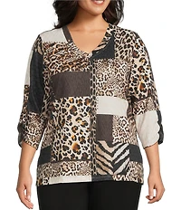 Allison Daley Plus Wildlife Patchwork Print 3/4 Sleeve V-Neck Knit Top