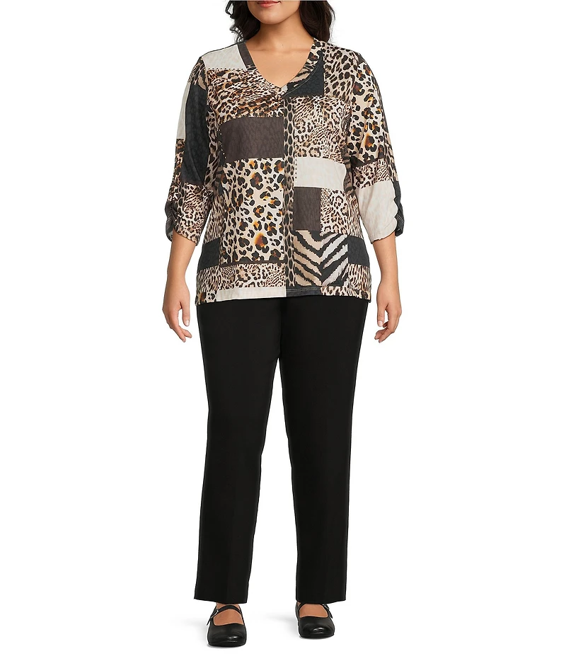Allison Daley Plus Wildlife Patchwork Print 3/4 Sleeve V-Neck Knit Top