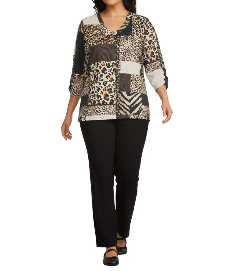 Allison Daley Plus Wildlife Embellished Patchwork Print 3/4 Sleeve V-Neck Knit Top