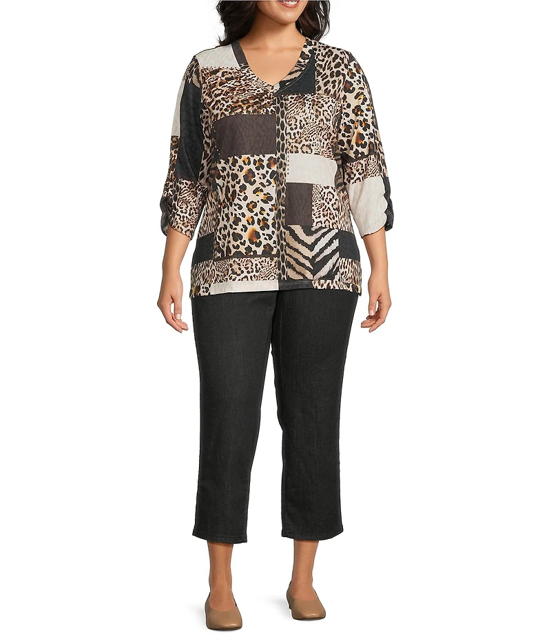 Allison Daley Plus Wildlife Embellished Patchwork Print 3/4 Sleeve V-Neck Knit Top
