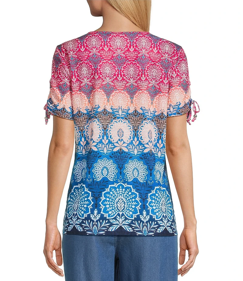 Allison Daley Pomegranate Damask Floral Border Print Short Ruched Tie Sleeve Square Neck Knit Top
