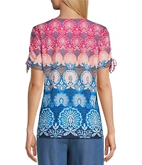 Allison Daley Pomegranate Damask Floral Border Print Short Ruched Tie Sleeve Square Neck Knit Top