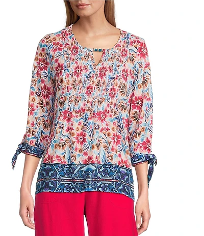 Allison Daley Pomegranate Floral Vine Border 3/4 Tie Sleeve Keyhole Neck Knit Top