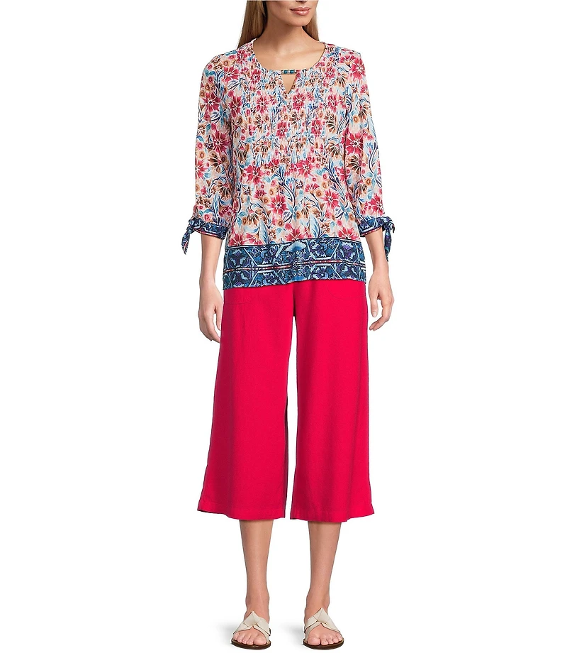 Allison Daley Pomegranate Floral Vine Border 3/4 Tie Sleeve Keyhole Neck Knit Top