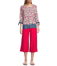 Allison Daley Pomegranate Floral Vine Border 3/4 Tie Sleeve Keyhole Neck Knit Top