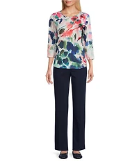 Allison Daley Embellished Inky Floral Print 3/4 Sleeve Crew Neck Knit Top